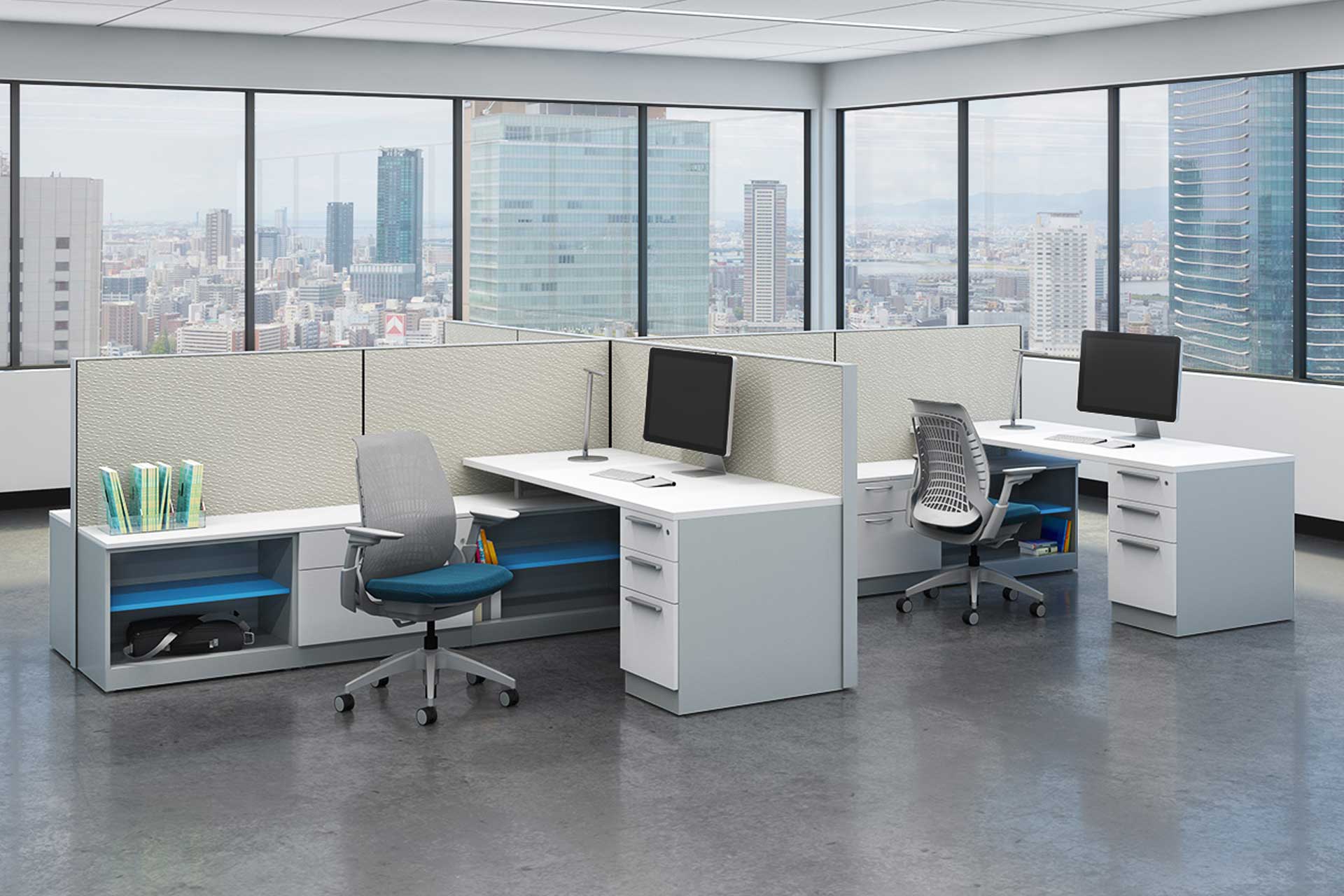 Modern office with two identical cubicles in front of wide windows