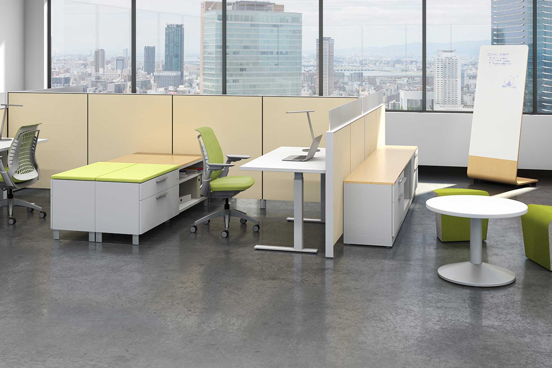 Modern office featuring lime green, wood, and white furniture