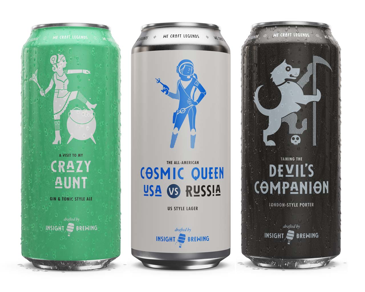 Three tall beer cans with Insight Brewing designs