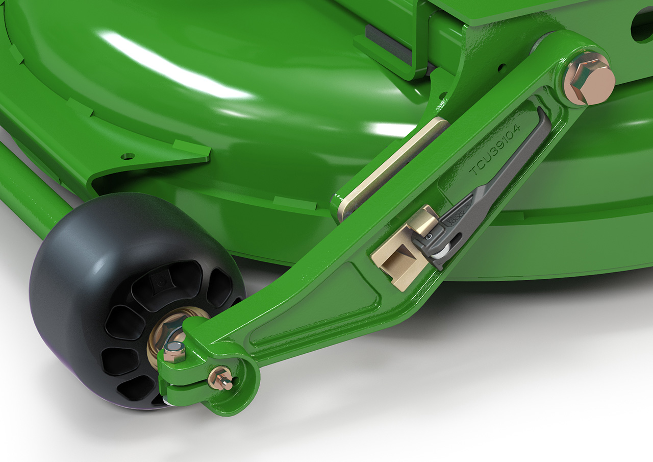 Close render of a green lawnmower cut height control mechanism