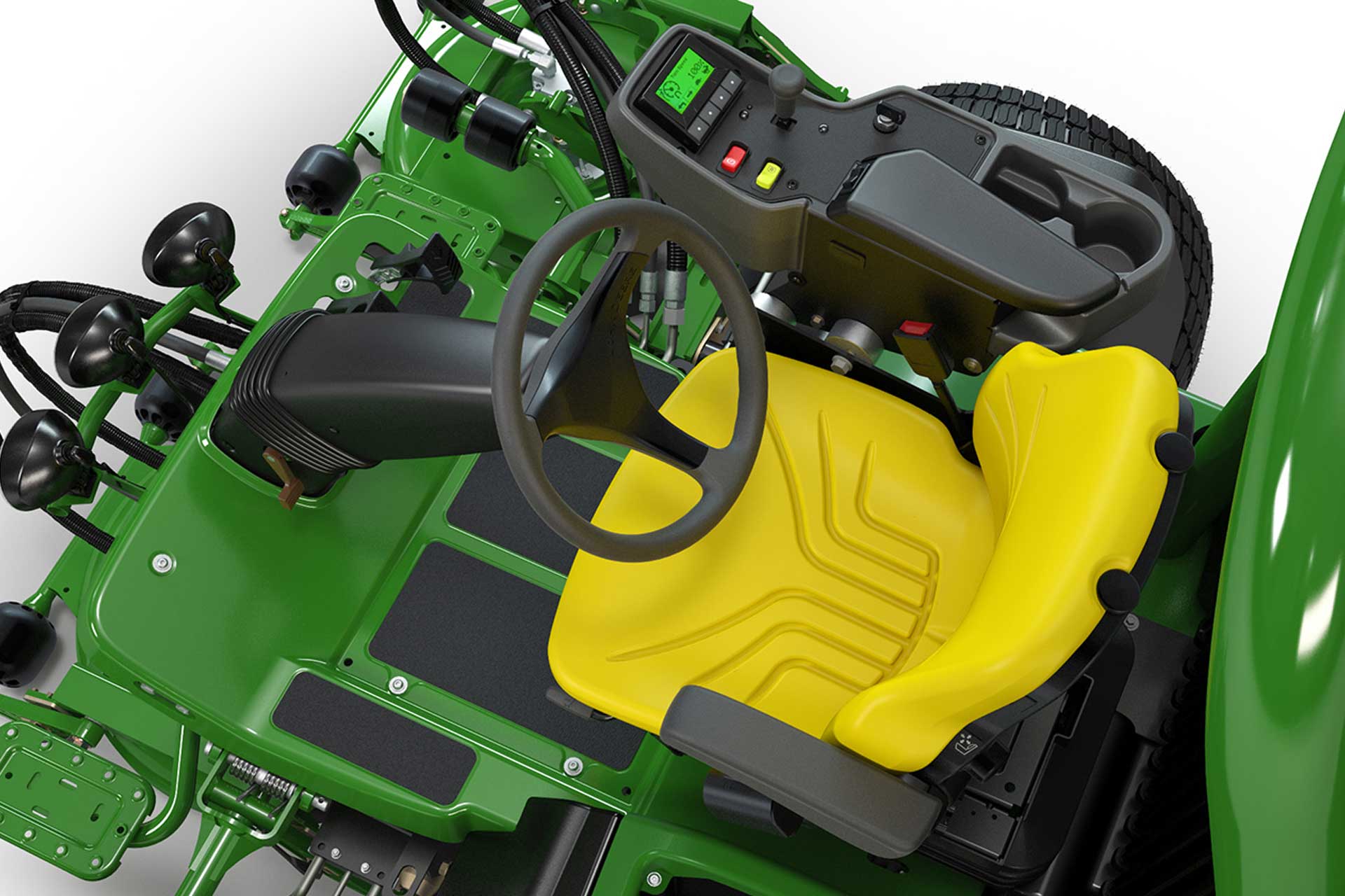 Top-down view of a John Deere riding lawnmower