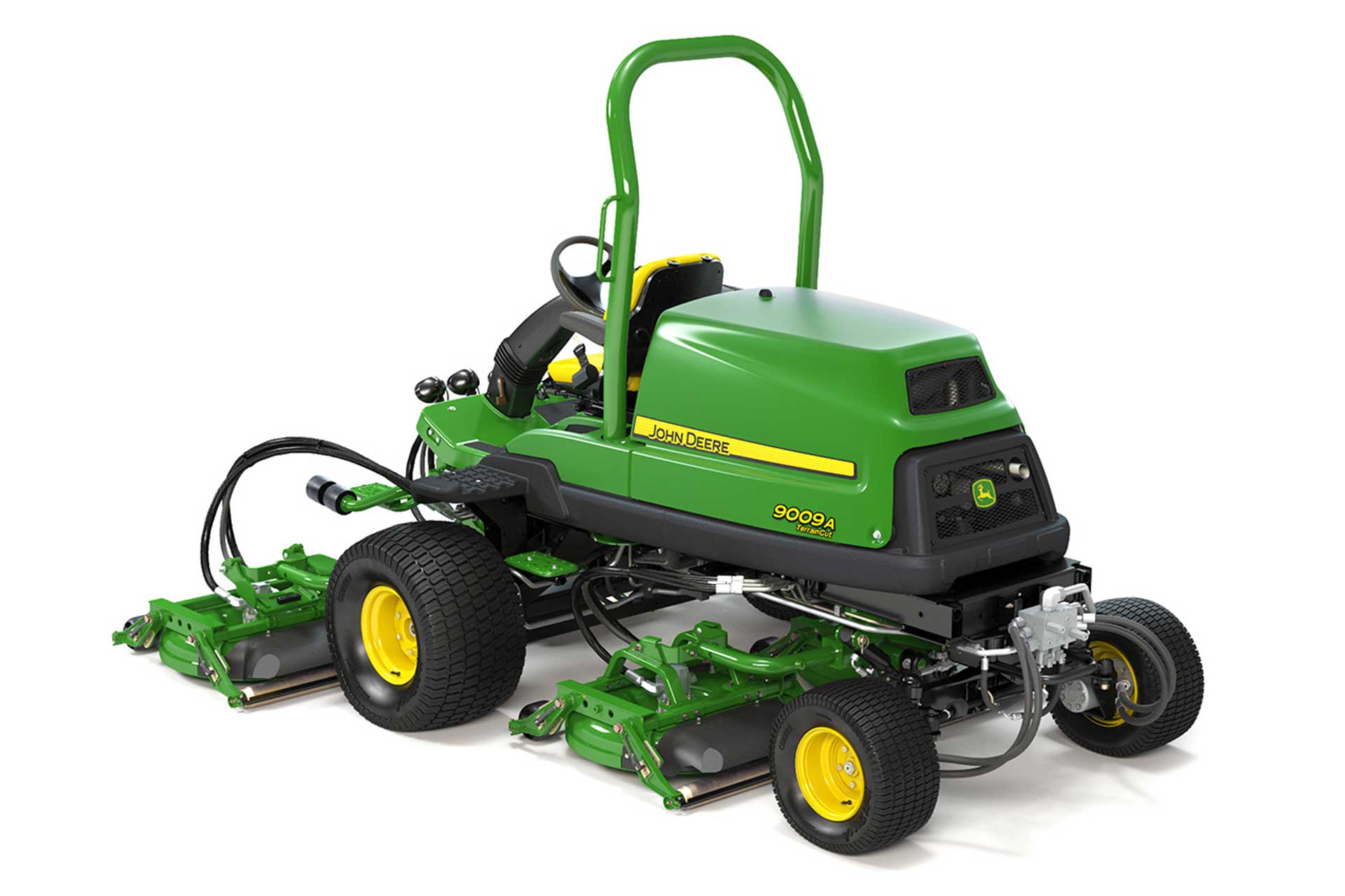 Side view of green and yellow John Deere TerrainCut Mower against white background