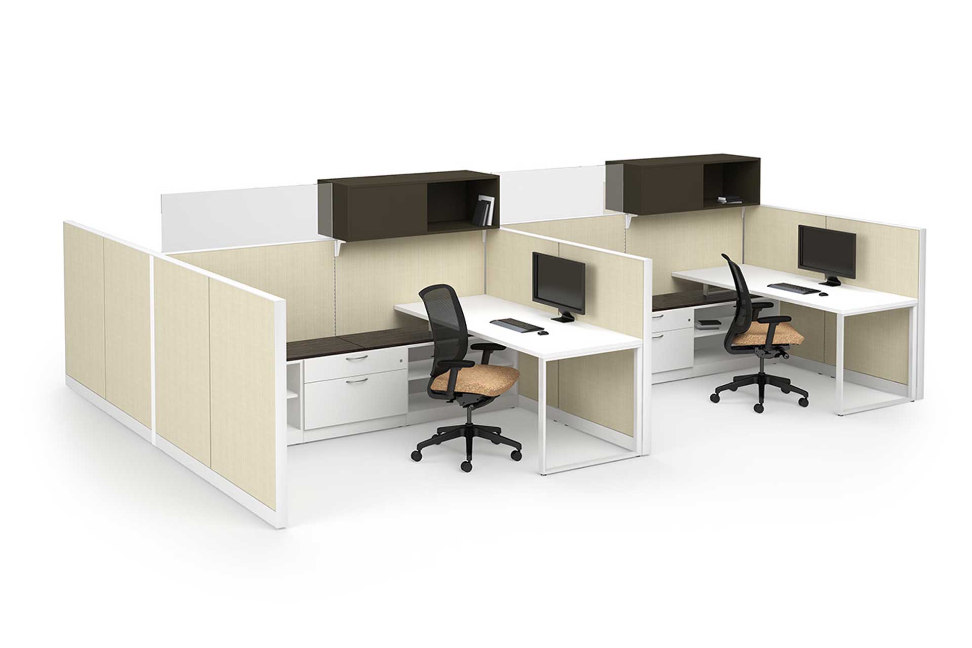 Two office cubicles with swivel chairs, desks, computer monitors, and overhead cabinets against white background