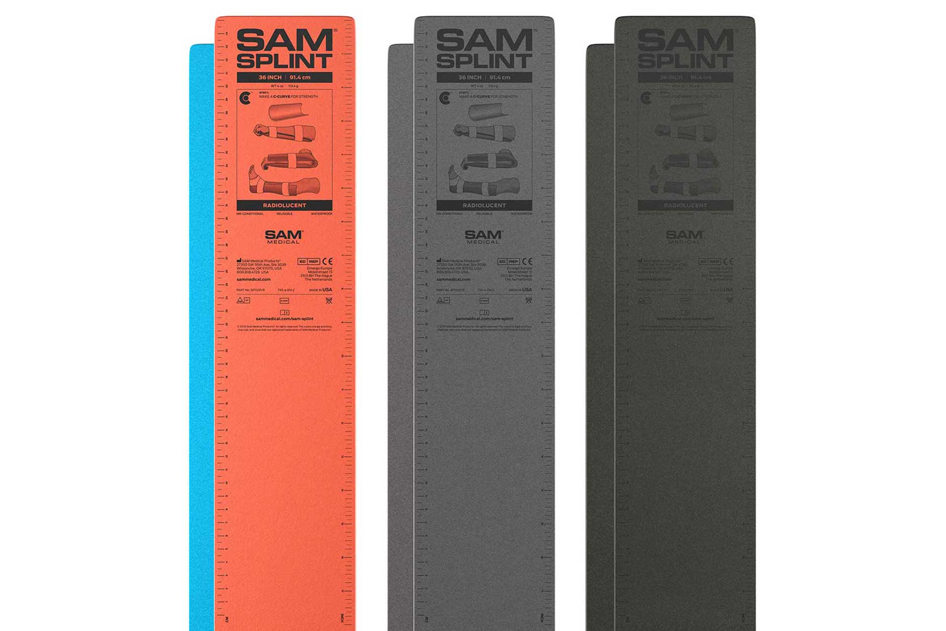 Three flexible SAM Medical splints in orange, blue, and gray colors