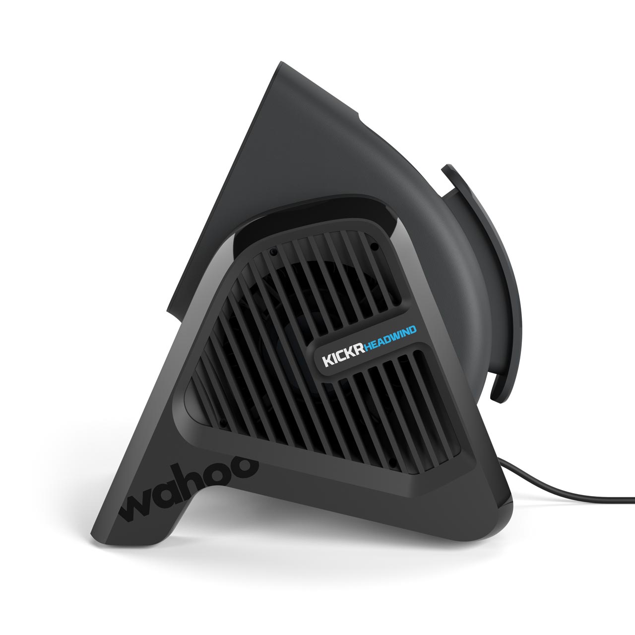 Side view of a black fan with a Wahoo Kickr Headwind logo against white background