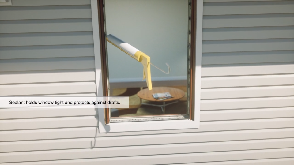 Window on a home with text reading "Sealant holds window tight and protects against drafts"