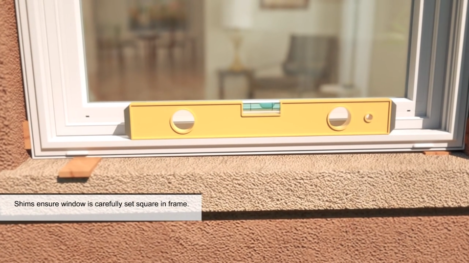 Exterior window ledge with a level in the center and text reading "Shims ensure window is carefully set square in frame." from window installation training material