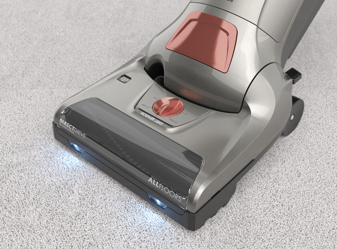 Close-up 3D render of a gray Kenmore vacuum on white carpet