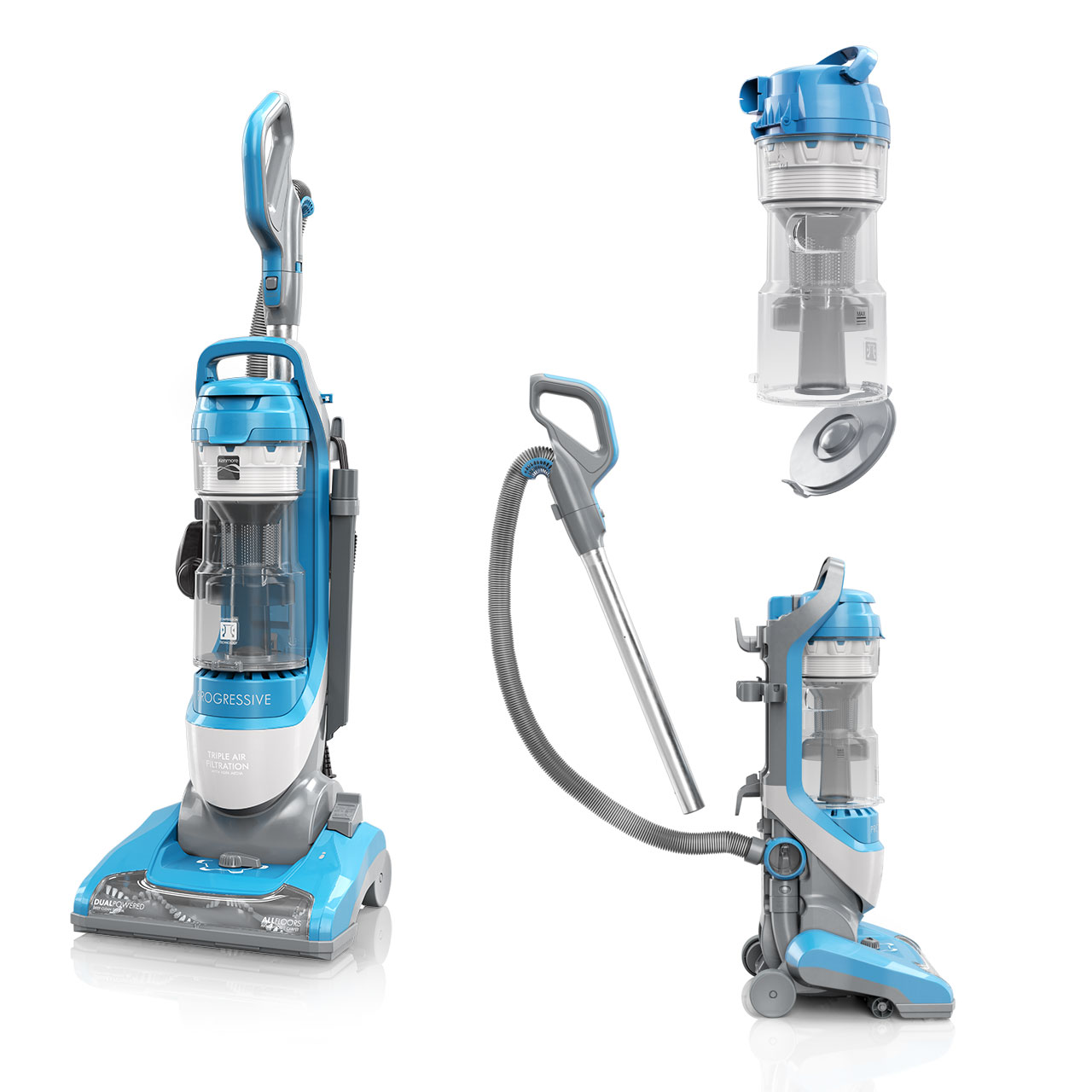 Three images of a blue and gray Kenmore vacuum cleaner showing its many features for the product packaging