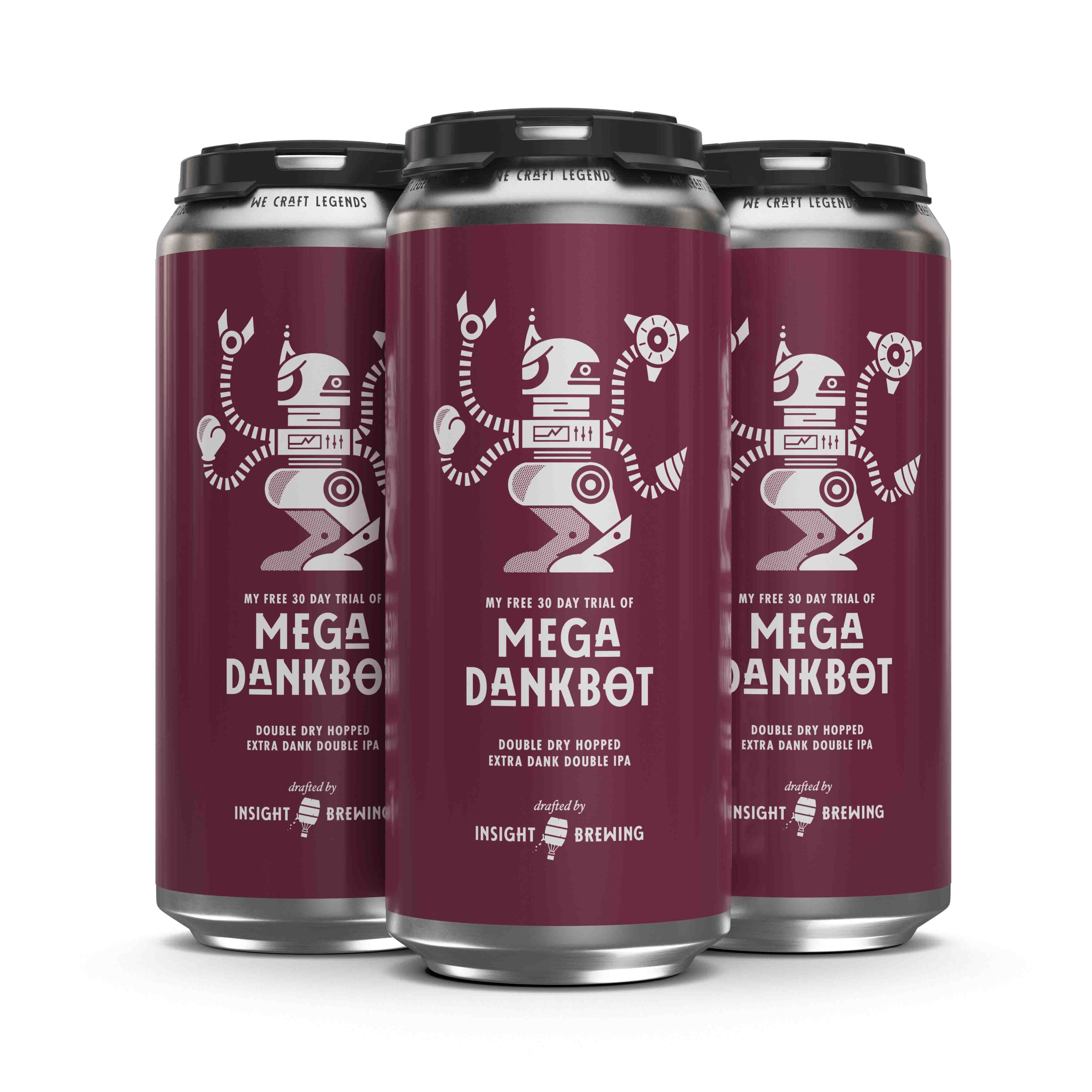 Three 16 oz beer cans labeled "Mega Dankbot" from Insight Brewing