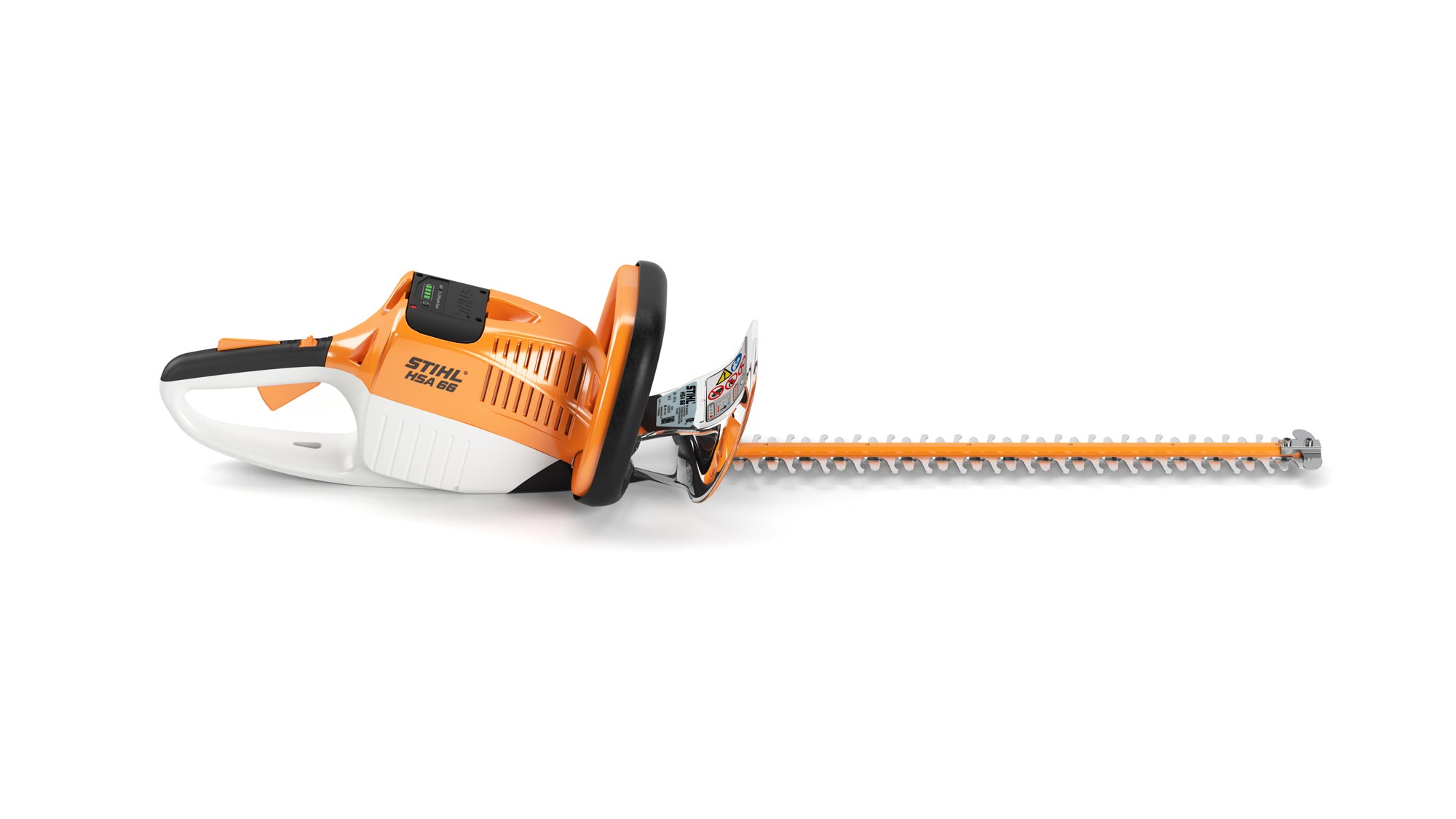 Orange STIHL hedge trimmer against white background