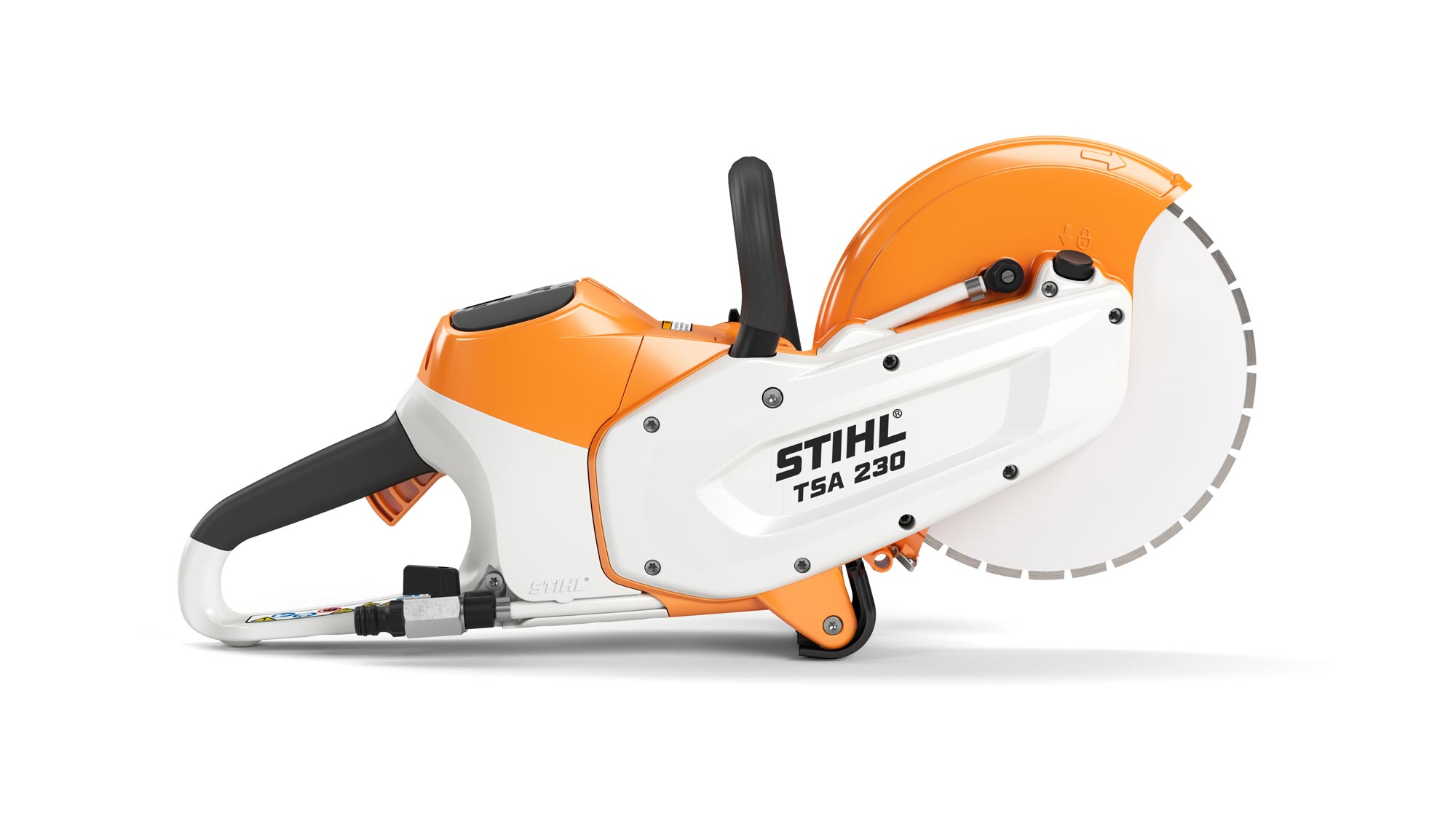 3D product image of orange and white STIHL chainsaw