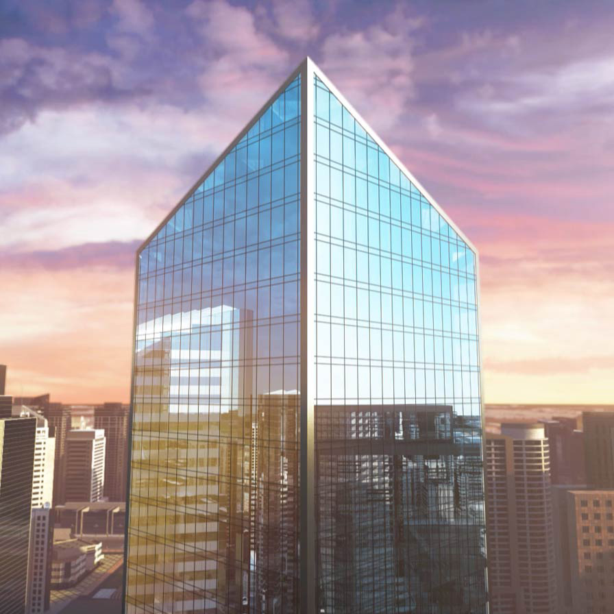 3D rendered glass skyscraper in front of sunset