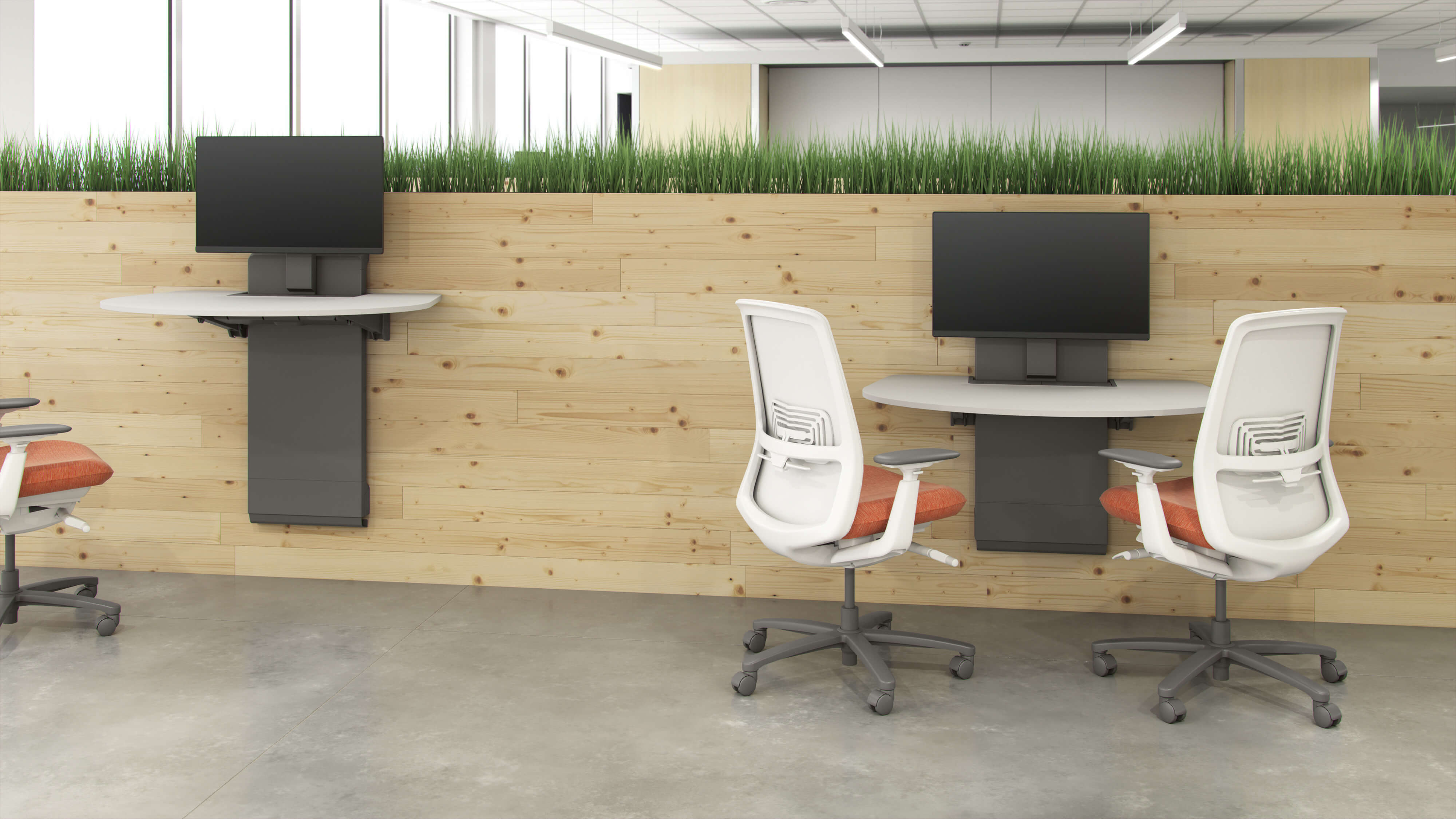 two chairs at a desk in open office layout