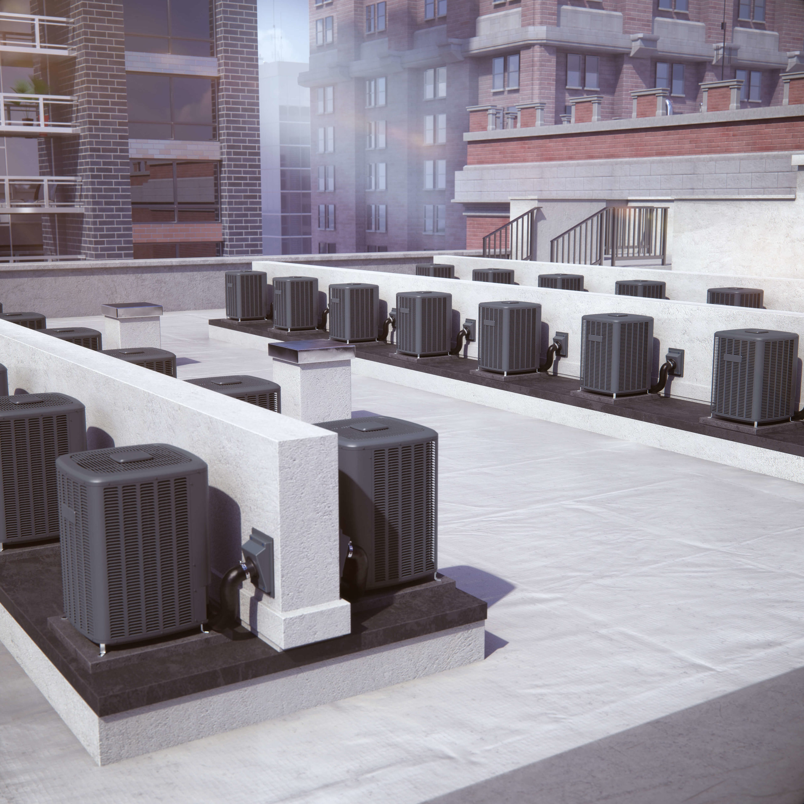 3D air conditioners on urban rooftop