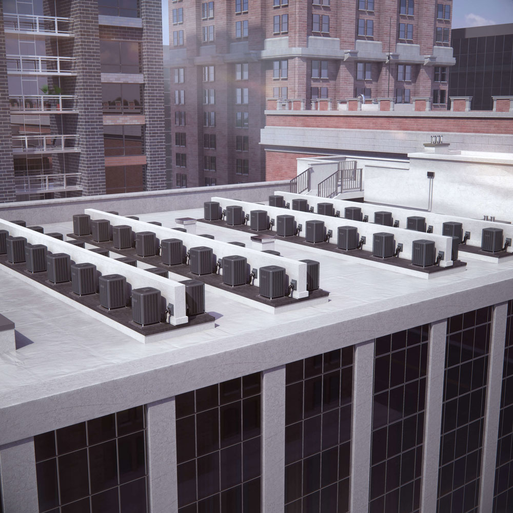 3D air conditioners on urban rooftop